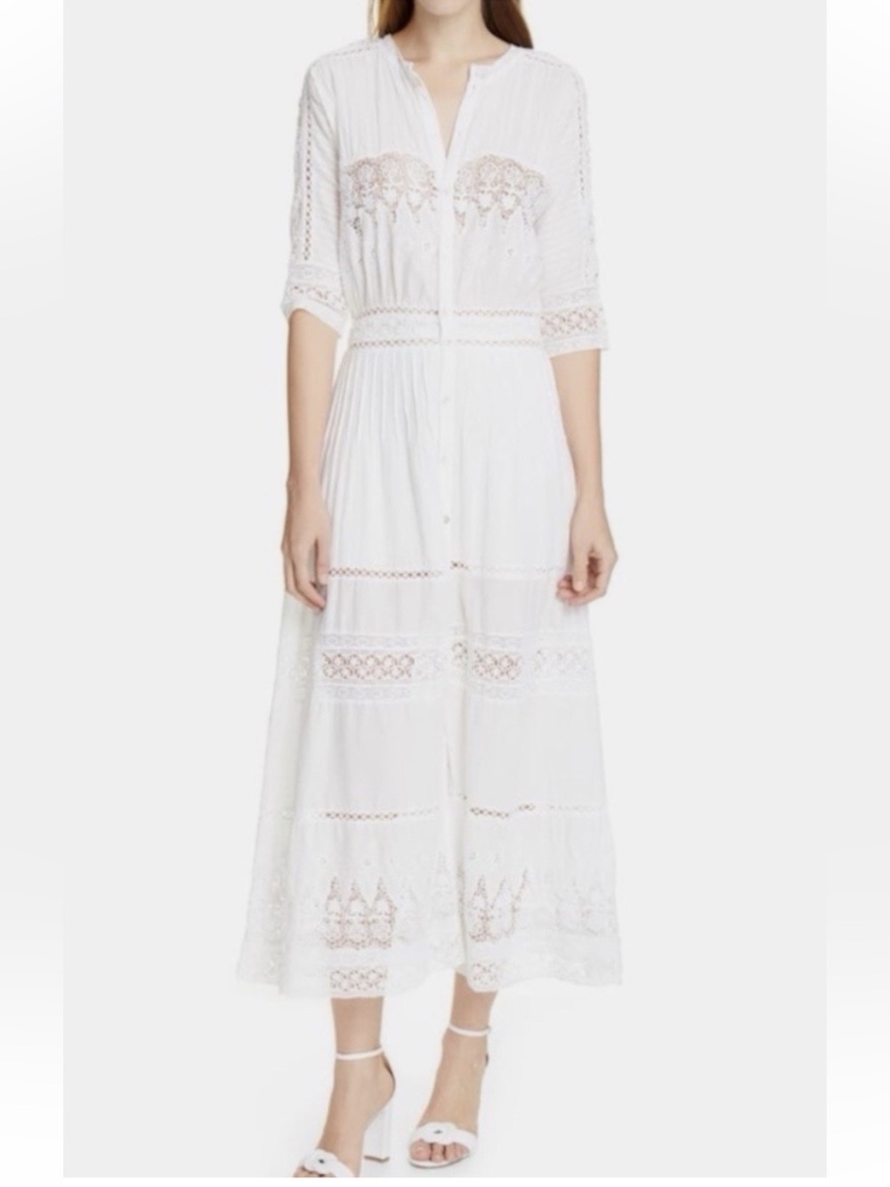 LoveShackFancy Beth Vintage-Inspired Ivory Lace Button-Front Midi Dress Size S